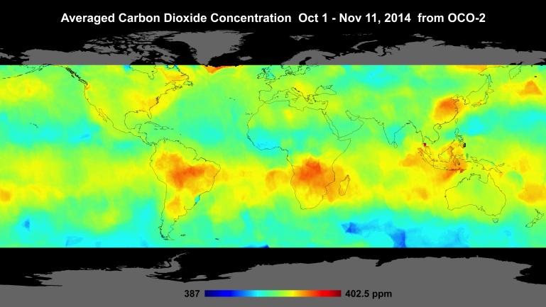 Global Atmospheric Carbon Dioxide Global atmospheric carbon dioxide concentrations from Oct. 1 through Nov. 11, as recorded by NASA's Orbiting Carbon Observatory-2. Carbon dioxide concentrations are highest above northern Australia, southern Africa and eastern Brazil. Preliminary analysis of the African data shows the high levels there are largely driven by the burning of savannas and forests. Elevated carbon dioxide can also be seen above industrialized Northern Hemisphere regions in China, Europe and North America. Image credit: NASA/JPL-Caltech 